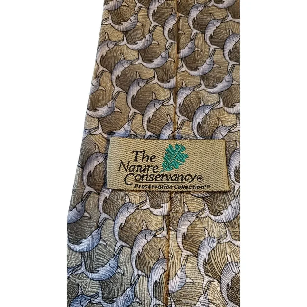 The Nature Conservancy 'Marlin'‎ Neck Tie Mens Tan Blue Dolphins 100% Silk Work